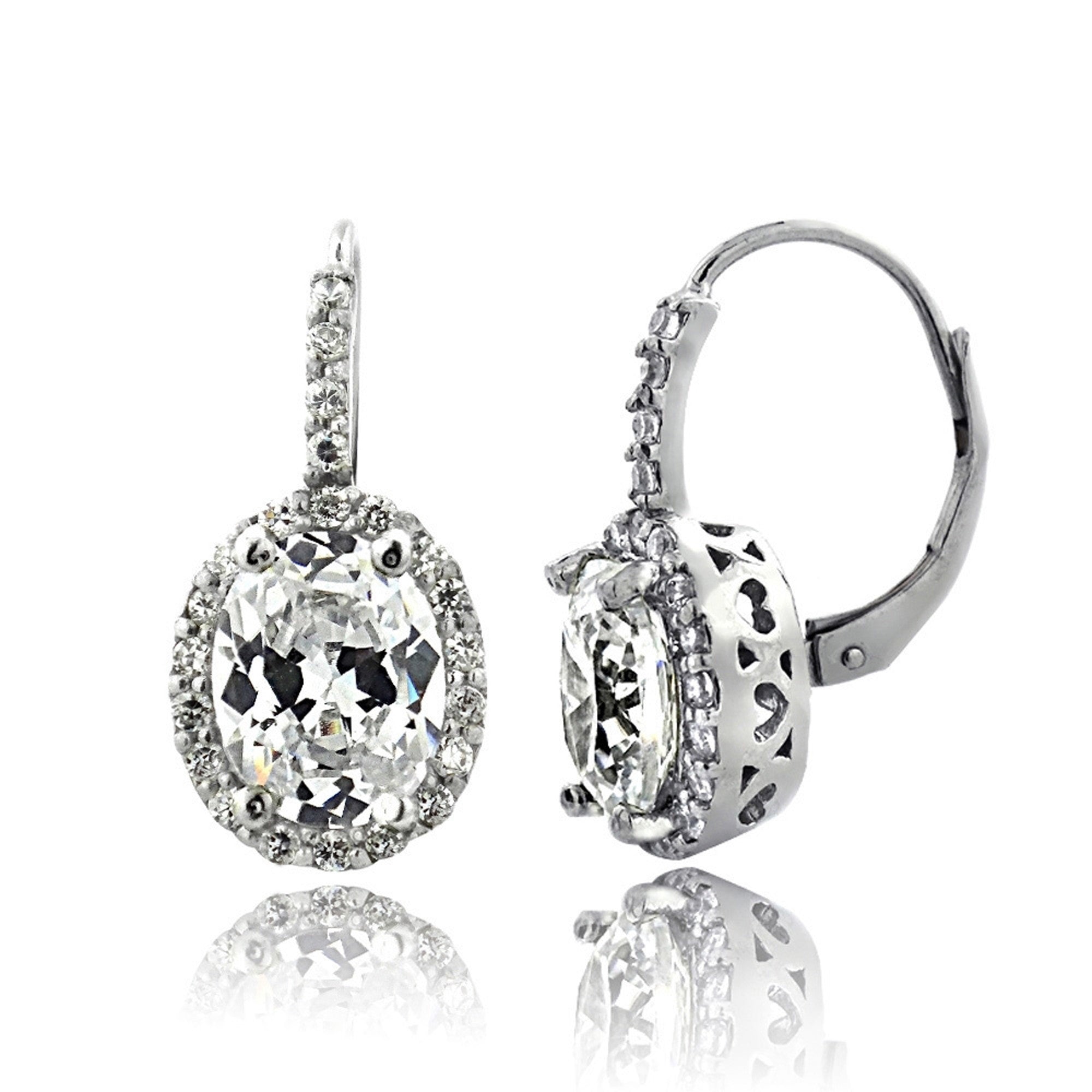 Oval Cubic Zirconia Halo Leverback Earrings - Silver Tone